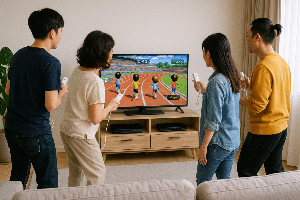 People enjoying Nintendo Wii with their family in a small living room