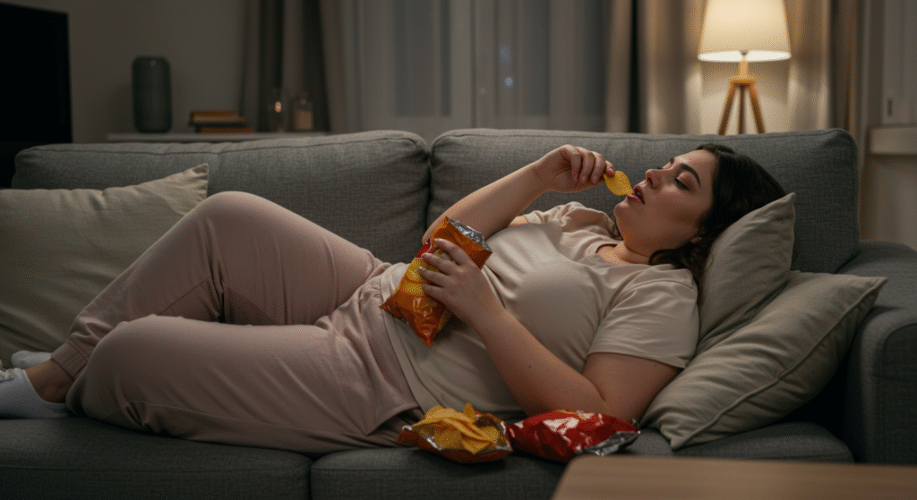 A plus-size woman lying on a couch in a relaxed position