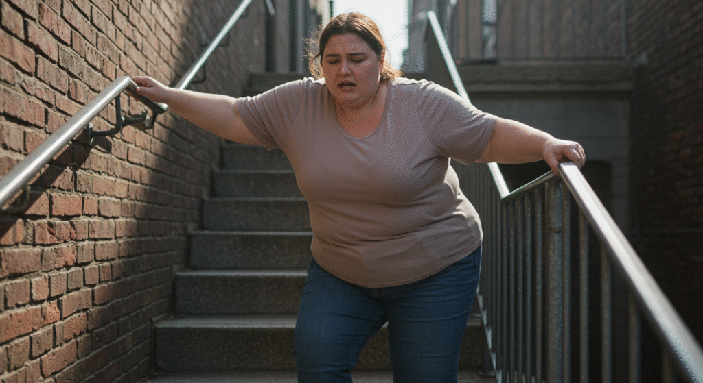 A woman struggling to walk down the stairs because of weight gain, moving slowly and holding the railing for support