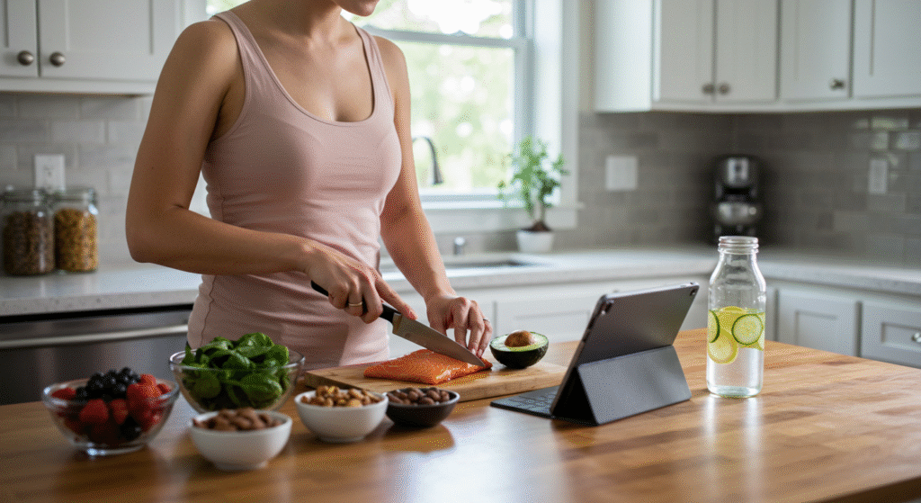 Woman preparing hormone-balancing meal in bright kitchen with salmon, greens, and detox water