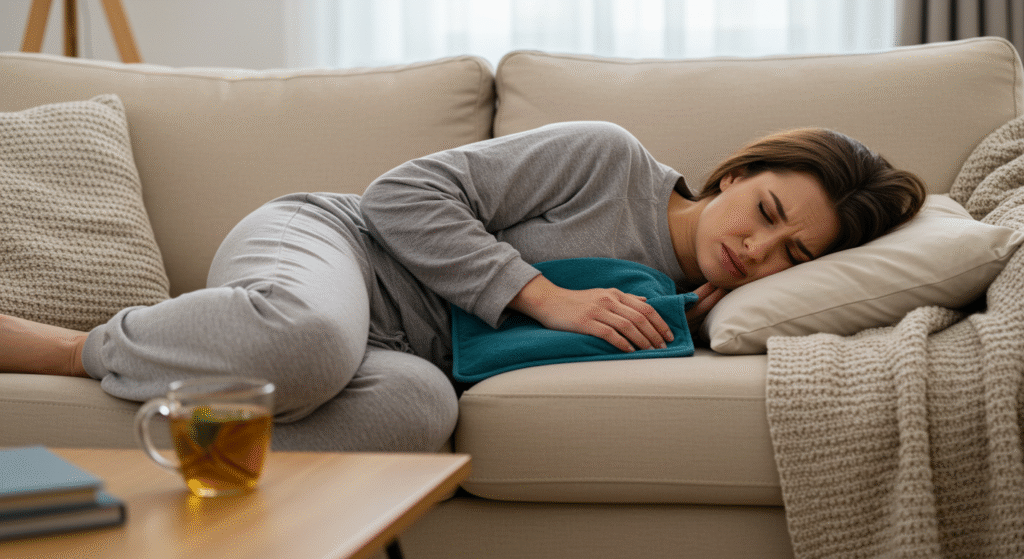 Young woman lying on couch with heating pad, experiencing menstrual cramps in a quiet room
