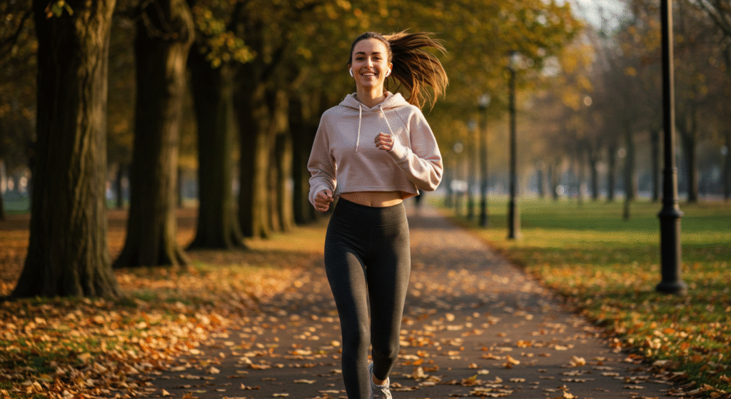 Happy woman jogging in park with earbuds, using light exercise to manage PMS and feel energized