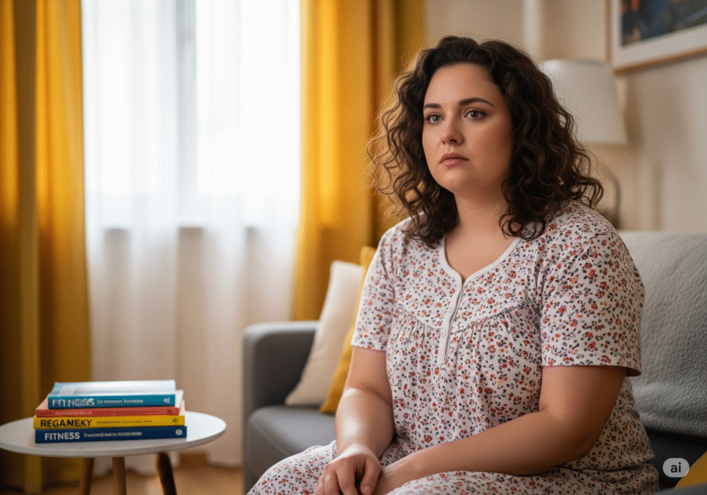An overweight woman sits on a living room couch, looking concerned about her weight loss journey. She's wearing comfortable, floral pajamas, with a neutral expression. Natural light from a window illuminates the room. A few fitness books are visible on a nearby side table