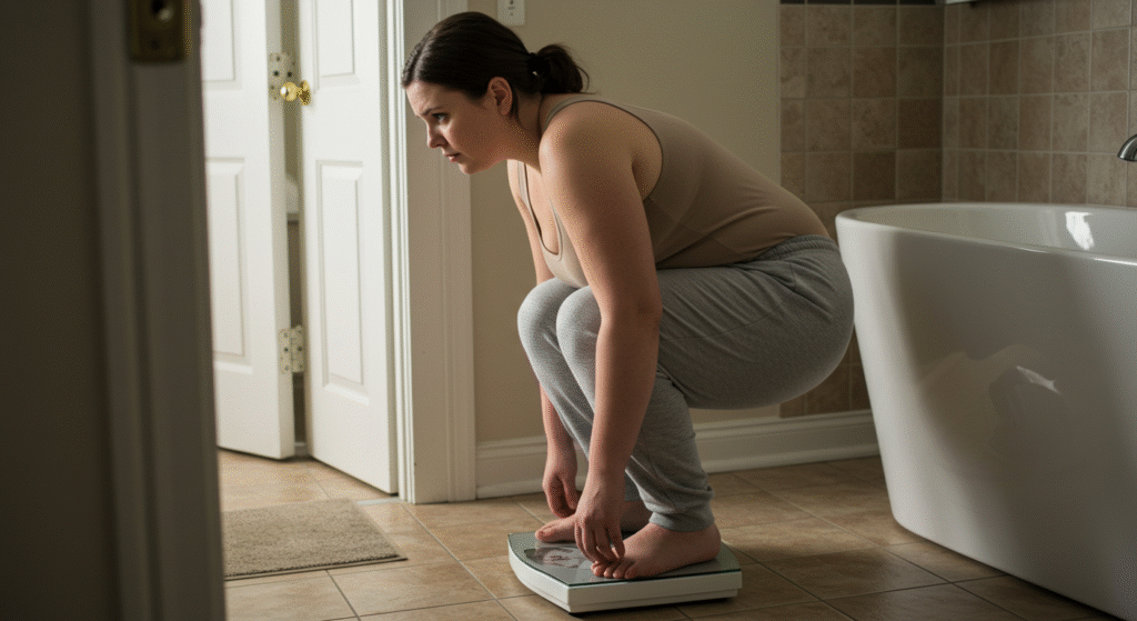 A plus-size woman on a bathroom scale